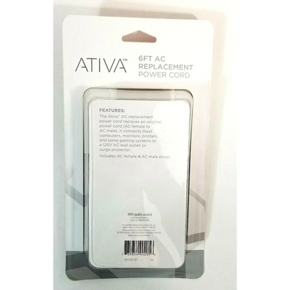 Ativa Universal‎ AC Replacement Power Cord, 6' NEW